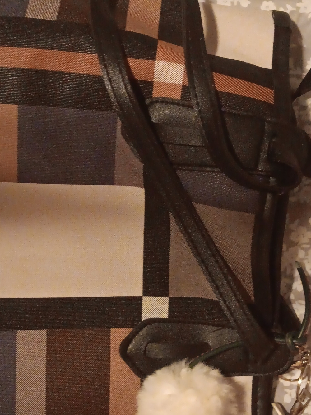 Plaid Tote Bag with Pom Pom Charm - Brown, Black, Cream